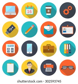 Modern flat icons, elements business, office equipment, office work, marketing. colored vector illustration with shadow on a white background