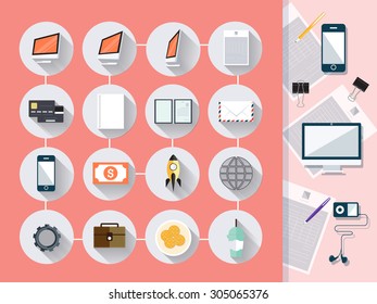 Modern flat icons with long shadow. For web design, objects, business, office and marketing.