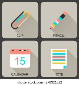 Modern flat icons with long shadows. Icons of office supplies.
