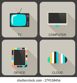 Modern flat icons with long shadows. Technology icons set.