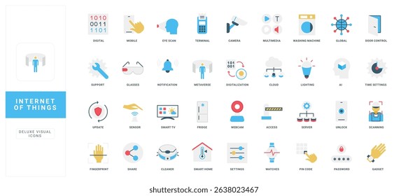 Modern flat icons representing internet of things technology including smart devices, cloud, security, automation, and connectivity for digital innovation and network solutions vector illustration
