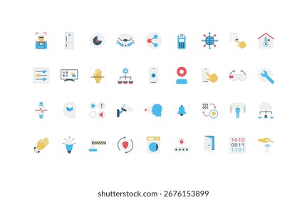 Iconos planos modernos que representan la tecnología del Internet de las cosas Dispositivos inteligentes Automatización Conectividad e innovación digital para presentaciones de App de Web e Ilustración vectorial de infografías