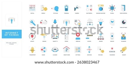 Modern flat icons representing internet of things technology including smart devices, cloud, security, automation, and connectivity for digital innovation and network solutions vector illustration