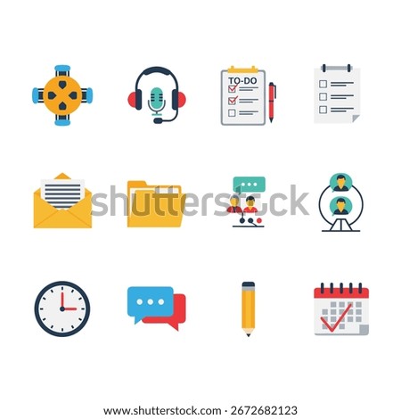 Modern flat icons representing teamwork, communication, productivity, and planning. Ideal for business, office, project management, workflow, corporate, digital, and productivity-related websites or a