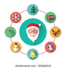 Modern flat icons of Santa claus and Christmas Day