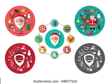 Modern flat icons of Santa claus and Christmas Day