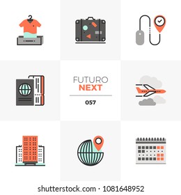 Modern flat icons set of air travel planning, online booking hotel. Unique color flat graphics elements with stroke lines. Premium quality vector pictogram concept for web, logo, branding, infographic