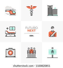 Modern flat icons set of ambulance helicopter, medical center service. Unique color flat graphics elements stroke lines. Premium quality vector pictogram concept for web, logo, branding, infographics.