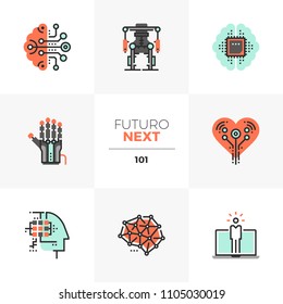 Modern flat icons set of artificial intelligence, computer human synthesis. Unique color flat graphic elements stroke line Premium quality vector pictogram concept for web, logo, branding, infographic