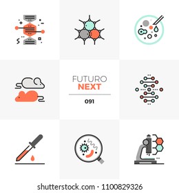 Modern flat icons set of bio technology process, gene modification. Unique color flat graphics elements with stroke lines. Premium quality vector pictogram concept for web, logo, branding, infographic