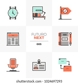 Modern flat icons set of business workflow, office workplace stuff. Unique color flat graphics elements with stroke lines. Premium quality vector pictogram concept for web, logo, branding, infographic