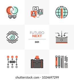 Modern flat icons set of business development and work process. Unique color flat graphics elements with stroke lines. Premium quality vector pictogram concept for web, logo, branding, infographics.