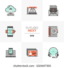 Modern flat icons set of business communication, mobile connection. Unique color flat graphics elements with stroke lines. Premium quality vector pictogram concept for web, logo, branding, infographic