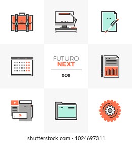 Modern flat icons set of business and office things, work schedule. Unique color flat graphics elements with stroke lines. Premium quality vector pictogram concept for web, logo, branding, infographic