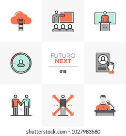 Modern flat icons set of business training class, coach mentorship. Unique color flat graphics elements with stroke lines Premium quality vector pictogram concept for web, logo, branding, infographic