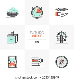 Modern flat icons set of business perspectives and transportation. Unique color flat graphics elements with stroke lines. Premium quality vector pictogram concept for web, logo, branding, infographics