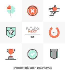 Modern flat icons set of business metaphor and winning lucky shot. Unique color flat graphics elements with stroke lines. Premium quality vector pictogram concept for web, logo, branding, infographic