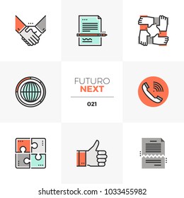 Modern flat icons set of business agreement and contract signing. Unique color flat graphics elements with stroke lines. Premium quality vector pictogram concept for web, logo, branding, infographics.