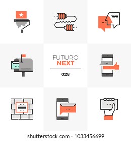 Modern flat icons set of buzz marketing, brand awareness effect. Unique color flat graphics elements with stroke lines. Premium quality vector pictogram concept for web, logo, branding, infographics.