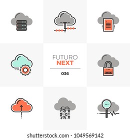 Modern flat icons set of cloud computing technology, network server. Unique color flat graphics elements with stroke lines Premium quality vector pictogram concept for web, logo, branding, infographic