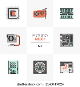 Modern flat icons set of computer hardware parts and components. Unique color flat graphics elements with stroke lines. Premium quality vector pictogram concept for web, logo, branding, infographics.