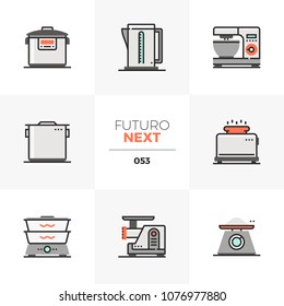 Modern flat icons set of cookware equipment, kitchen appliances. Unique color flat graphics elements with stroke lines. Premium quality vector pictogram concept for web, logo, branding, infographics.