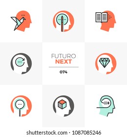 Modern flat icons set of creative thinking, exercise practice for brain. Unique color flat graphics elements stroke lines. Premium quality vector pictogram concept for web, logo, branding, infographic