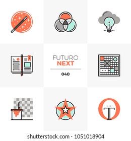 Modern flat icons set of design thinking, sketching project ideas. Unique color flat graphics elements with stroke lines. Premium quality vector pictogram concept for web, logo, branding, infographics