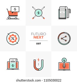 Modern flat icons set of digital content marketing, online sales. Unique color flat graphics elements with stroke lines. Premium quality vector pictogram concept for web, logo, branding, infographics.