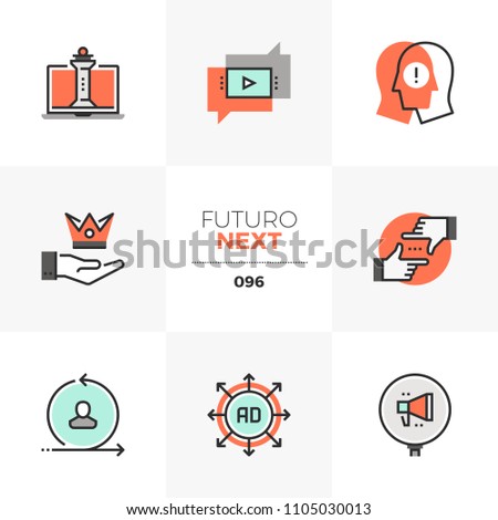 Modern flat icons set of digital marketing strategy, online business. Unique color flat graphics elements stroke lines. Premium quality vector pictogram concept for web, logo, branding, infographics.
