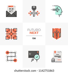 Modern flat icons set of distributed database security, cryptography tech. Unique color flat graphic element stroke line. Premium quality vector pictogram concept for web, logo, branding, infographics