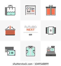 Modern flat icons set of e-commerce store, buy product, online shop. Unique color flat graphics elements with stroke lines Premium quality vector pictogram concept for web, logo, branding, infographic
