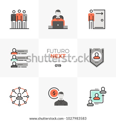Modern flat icons set of employee relations and personnel benefits. Unique color flat graphics elements with stroke lines. Premium quality vector pictogram concept for web, logo, branding, infographic
