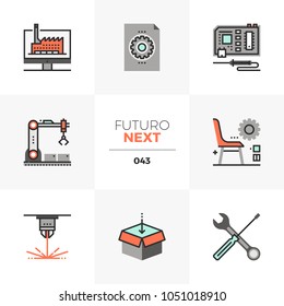 Modern flat icons set of fab lab development, digital production. Unique color flat graphics elements with stroke lines. Premium quality vector pictogram concept for web, logo, branding, infographics.