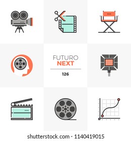 Modern Flat Icons Set Of Film Production, Video Making And Editing. Unique Color Flat Graphics Elements With Stroke Line. Premium Quality Vector Pictogram Concept For Web, Logo, Branding, Infographics