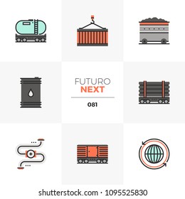 Iconos planos modernos de transporte de combustibles fósiles, transporte pesado. Líneas de trazo de elementos gráficos planos de color únicos. Concepto de pictograma vectorial de primera calidad para web, logotipo, marca, infografía.