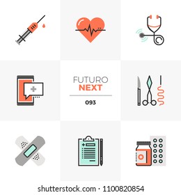 Modern flat icons set of healthcare service, doctor prescription. Unique color flat graphics elements with stroke lines. Premium quality vector pictogram concept for web, logo, branding, infographics.