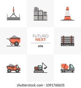 Modern flat icons set of heavy machines, construction transport. Unique color flat graphics elements with stroke lines. Premium quality vector pictogram concept for web, logo, branding, infographics.