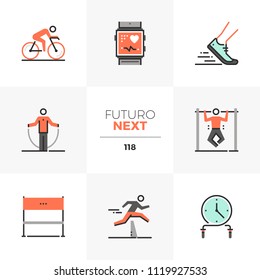 Modern flat icons set of high intensive training, triathlon competition. Unique color flat graphics elements stroke line. Premium quality vector pictogram concept for web, logo, branding, infographics