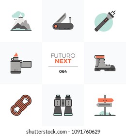Modern flat icons set of hiking equipment tools, outdoor activity. Unique color flat graphics elements with stroke lines. Premium quality vector pictogram concept for web, logo, branding, infographics