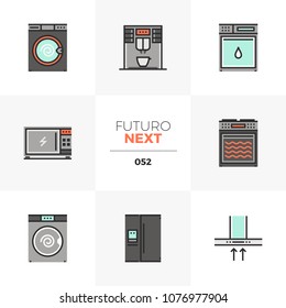 Modern flat icons set of home appliances, household electronics. Unique color flat graphics elements with stroke lines. Premium quality vector pictogram concept for web, logo, branding, infographics.