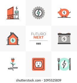 Modern flat icons set of home electricity, power charge station. Unique color flat graphics elements with stroke lines. Premium quality vector pictogram concept for web, logo, branding, infographics.