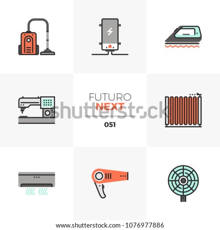 Modern flat icons set of household appliances, home electronics. Unique color flat graphics elements with stroke lines. Premium quality vector pictogram concept for web, logo, branding, infographics.