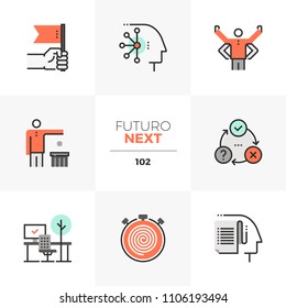 Modern flat icons set of individual productivity, business person goals. Unique color flat graphics elements stroke line. Premium quality vector pictogram concept for web, logo, branding, infographics