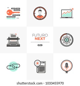 Modern flat icons set of internet search marketing, growth hacking. Unique color flat graphics elements with stroke lines. Premium quality vector pictogram concept for web, logo, branding, infographic