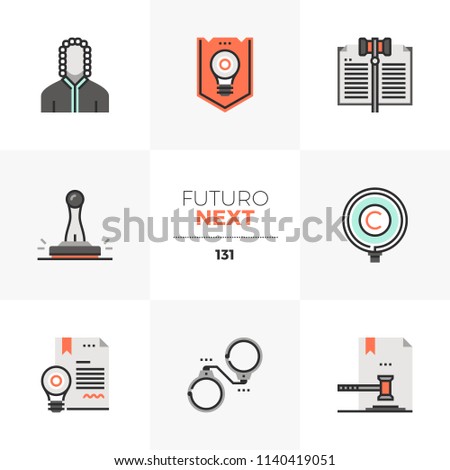 Modern flat icons set of invention patent law, court of justice. Unique color flat graphics elements with stroke lines. Premium quality vector pictogram concept for web, logo, branding, infographics.