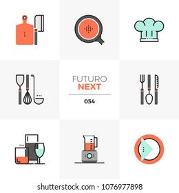 Modern flat icons set of kitchen utensils, dishware and glassware. Unique color flat graphics elements with stroke lines. Premium quality vector pictogram concept for web, logo, branding, infographics