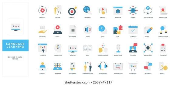 Modern flat icons set for language learning, translation, online education, and communication tools perfect for digital platforms and educational resources vector illustration