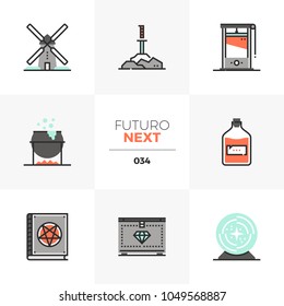 Modern flat icons set of medieval culture, quest item, magic potion. Unique color flat graphics elements with stroke lines Premium quality vector pictogram concept for web, logo, branding, infographic