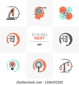 Modern flat icons set of mental process, human mind workflow. Unique color flat graphics elements with stroke lines. Premium quality vector pictogram concept for web, logo, branding, infographics.